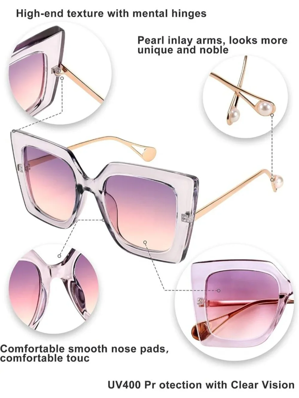 Women's Trendy Square Shades Pearl Inlay Cat Eye UV400 Protection Clear Purple